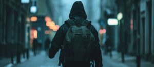 Student wearing a backpack walking on a school campus, representing school safety and awareness.