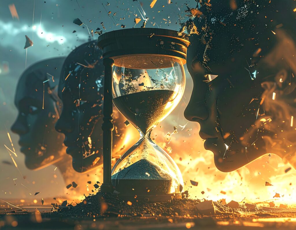 Black-and-white illustration of a cracked hourglass spilling sand, with hooded silhouettes fading into digital static in the background, symbolizing chaos and militant accelerationism.