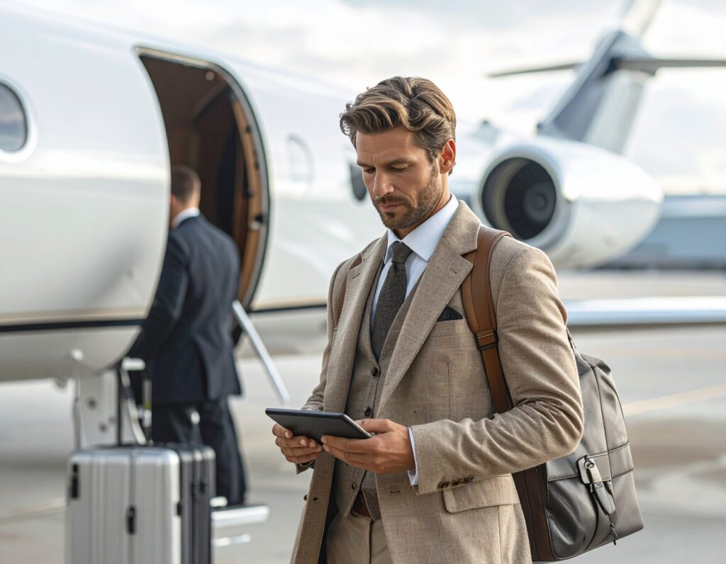 Business man in front of private Jet